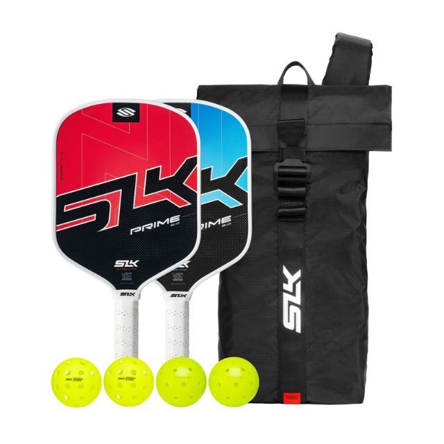 Two pickleball paddles with three balls and a carrying bag