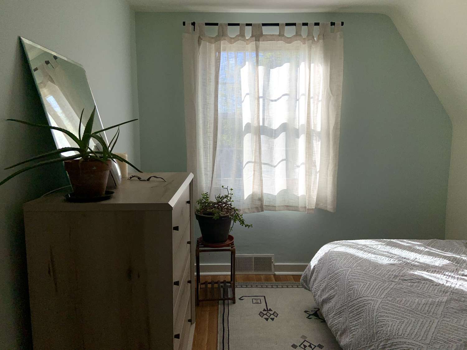 A small bedroom with a dresser plants and a bed near a window