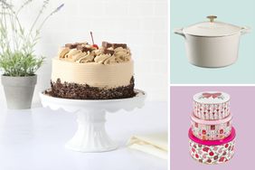 A threeimage collage featuring a layer cake on a stand a white enameled cooking pot and a stack of decorative bowls