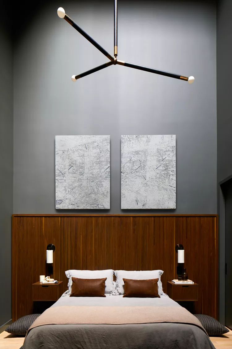 high ceilings black bedroom 