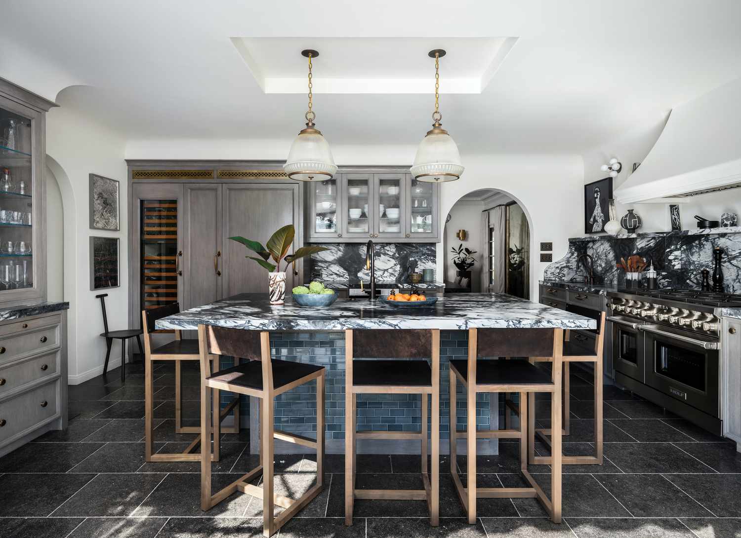 kitchen with marble and tile island in contrasting colors