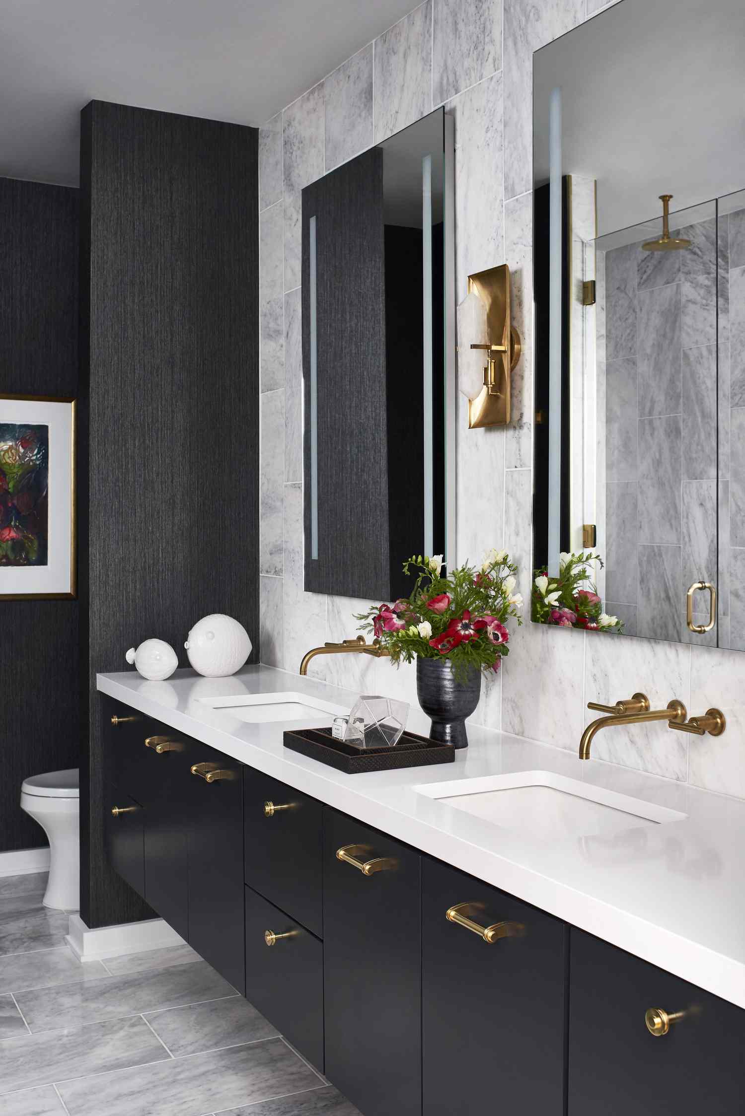 Sleek black bathroom with white countertop
