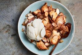 raisin-challah apple betty served with vanilla ice cream