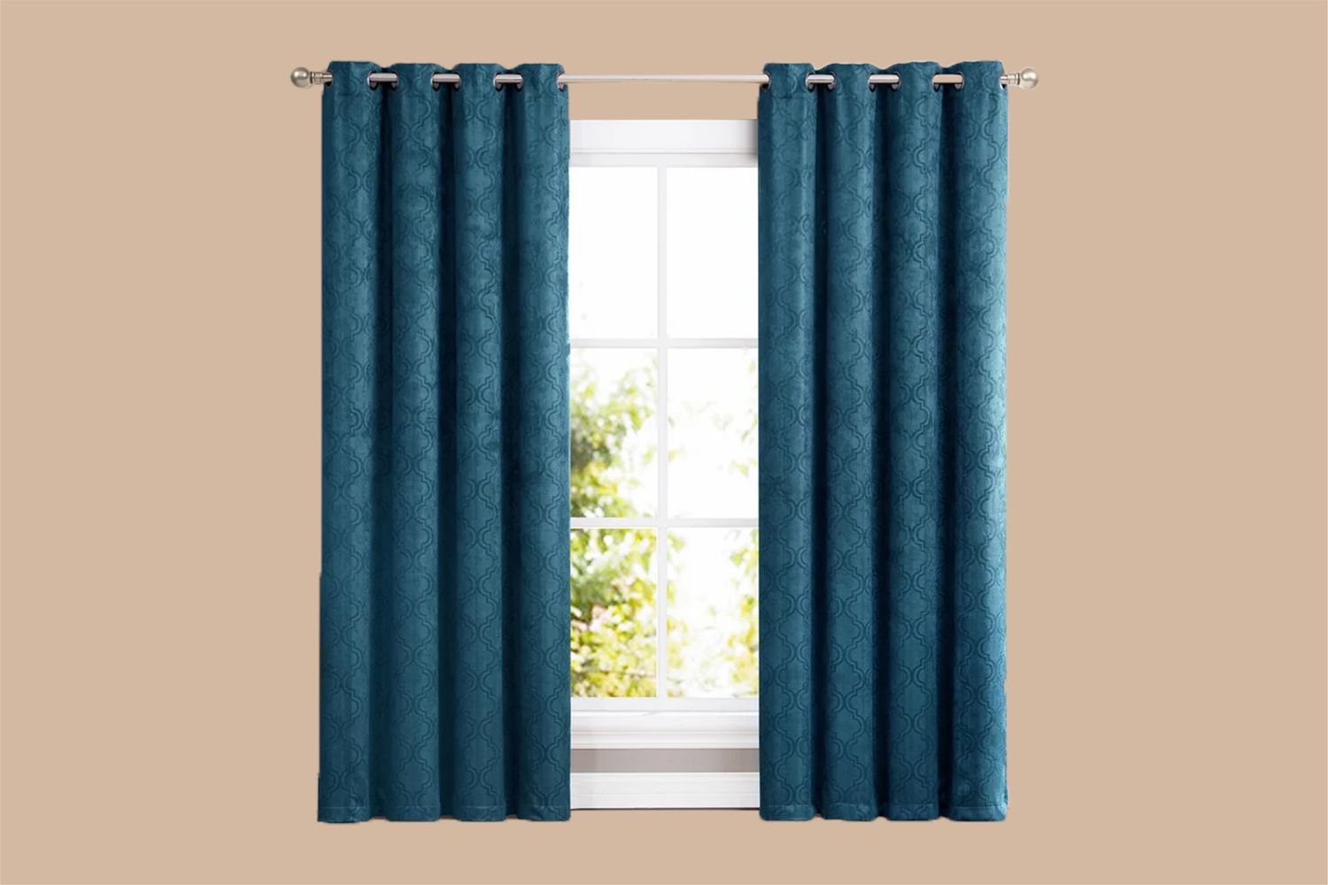 blue curtains on tan background