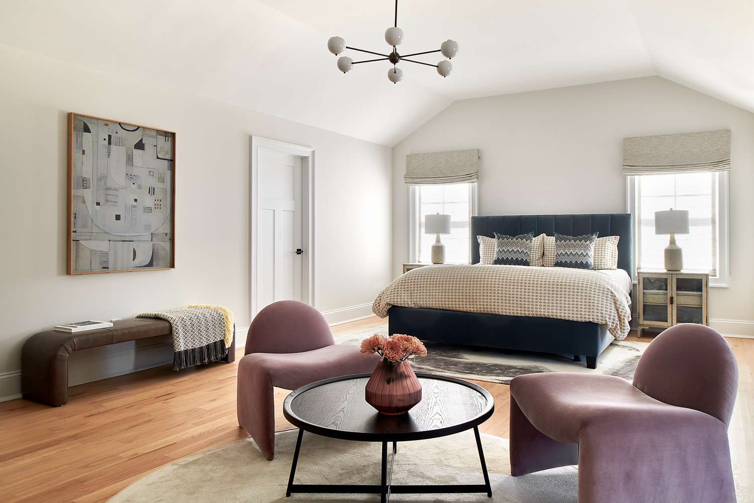 white bedroom with purple accents