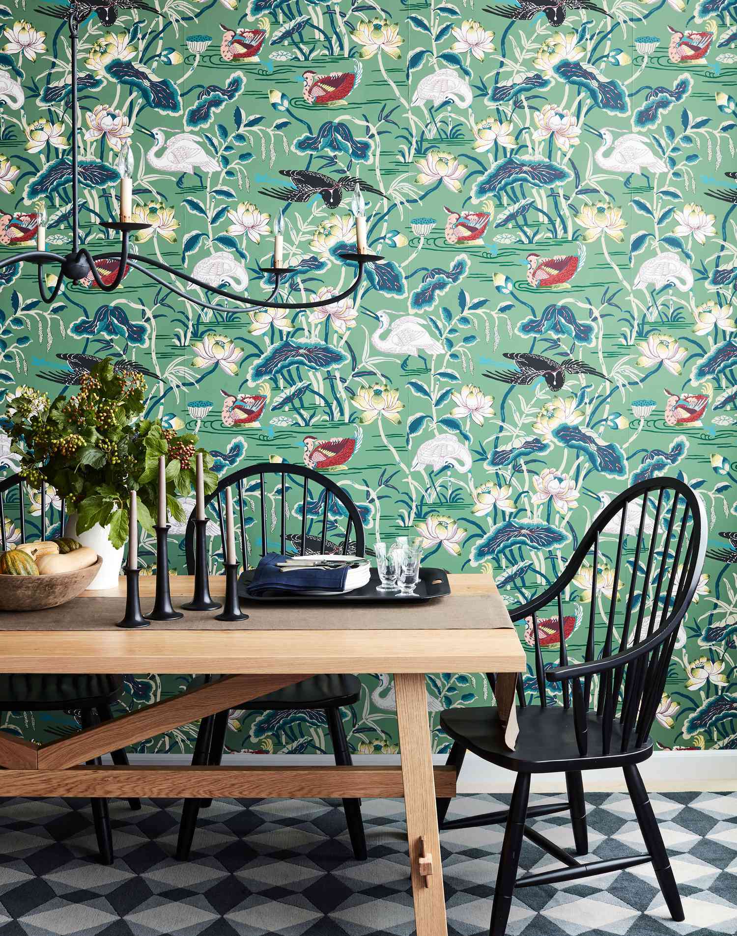 dining room table chair with green birds wallpaper