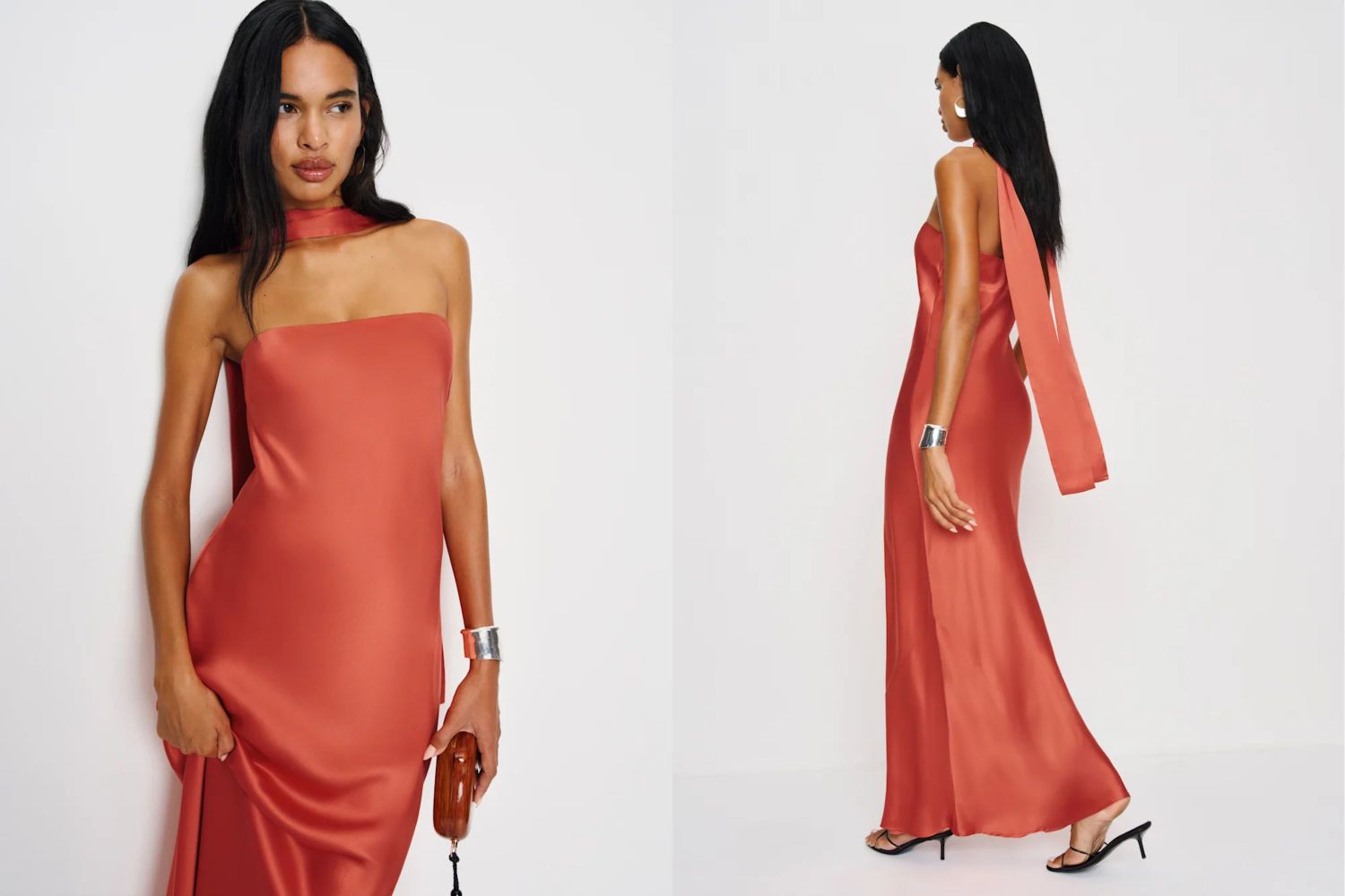 Model wearing a sleeveless silk dress with a scarf detail shown from front and side views