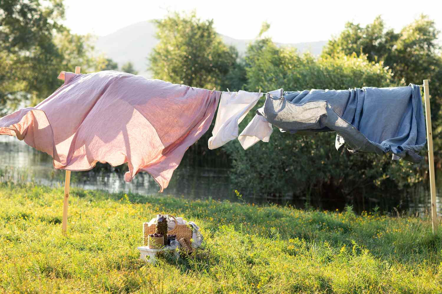 Laundry hanging on a clothesline in an outdoor setting