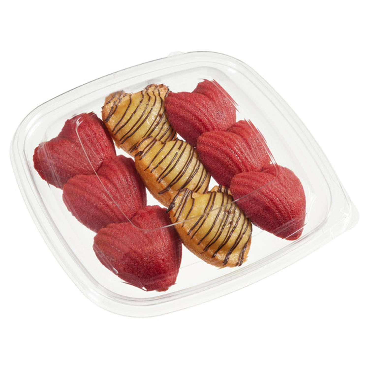 A container with heartshaped baked goods some redcolored and others drizzled with chocolate