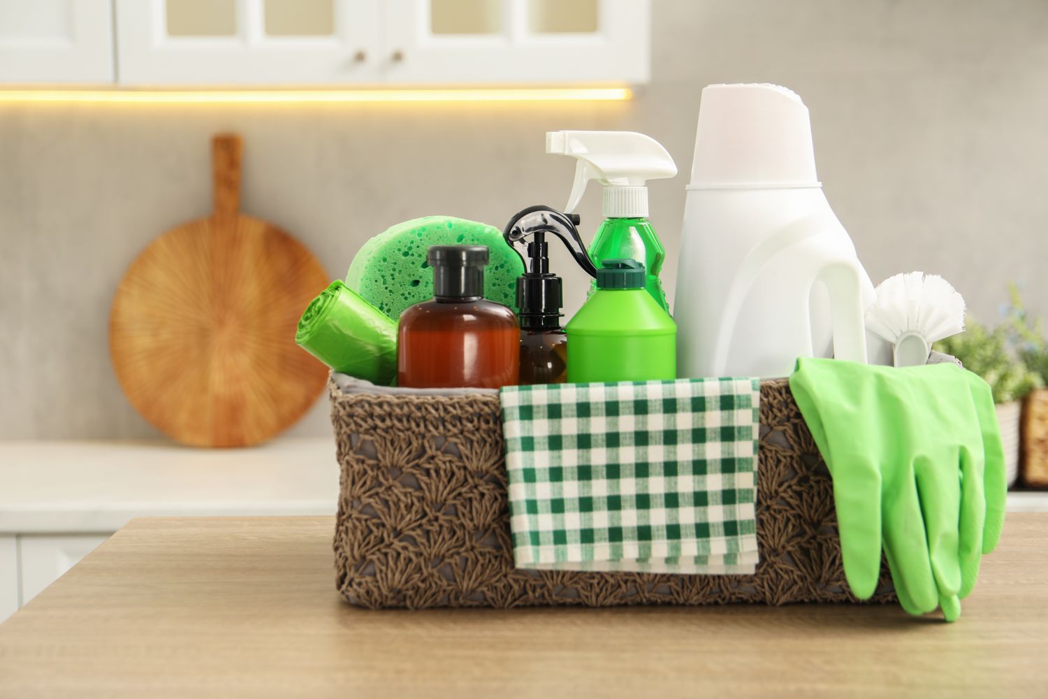 A basket containing various cleaning supplies including gloves bottles and a cloth placed on a wooden surface in a kitchen setting