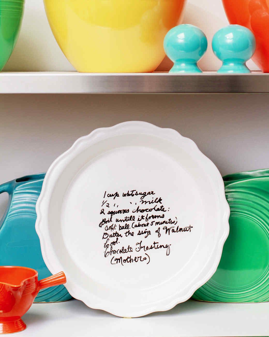 handwritten recipe on pie plate displayed