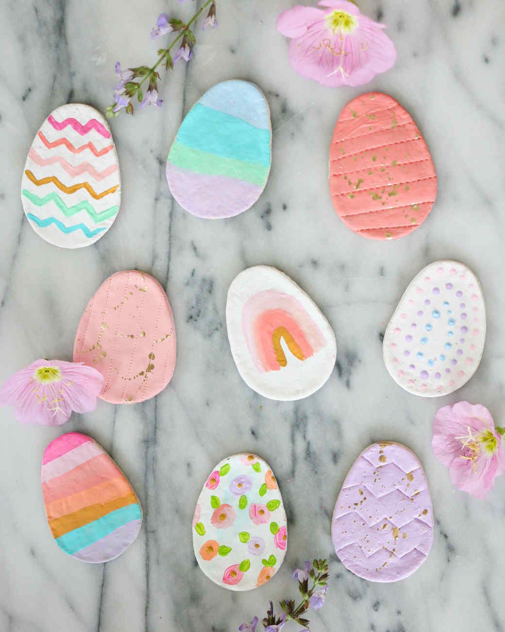salt dough easter eggs on a marble counter