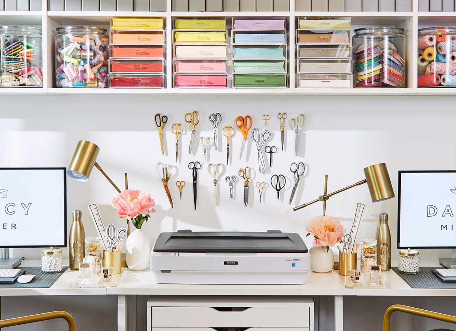 crafting desk with colorful shelves