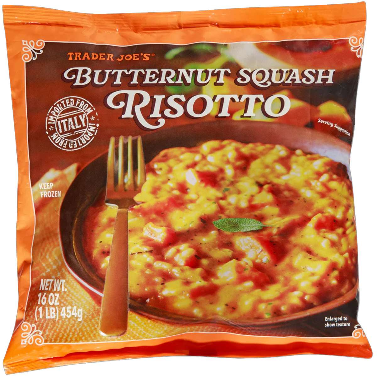 Package of Trader Joes Butternut Squash Risotto with an image of the prepared meal