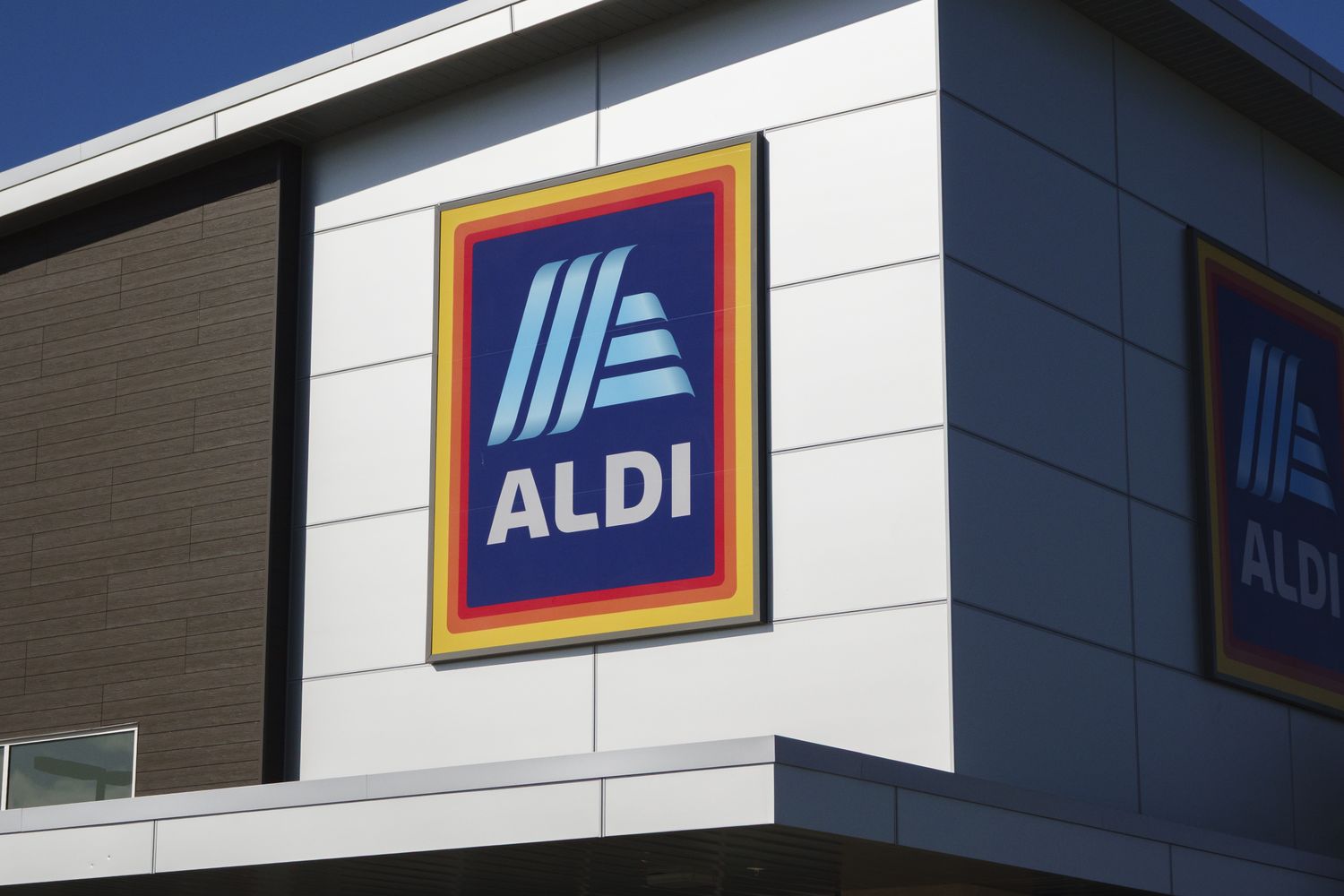 The ALDI logo displayed on the exterior of a building