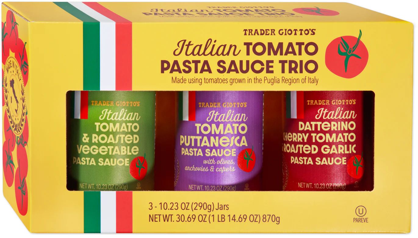 Trader Joes Italian Tomato Pasta Sauce Trio packaging with three jars of different pasta sauce flavors visible through windows
