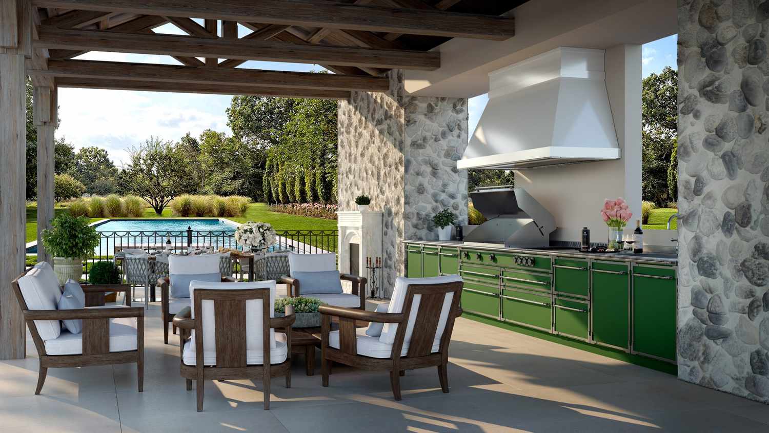 outdoor kitchen with green cabinets