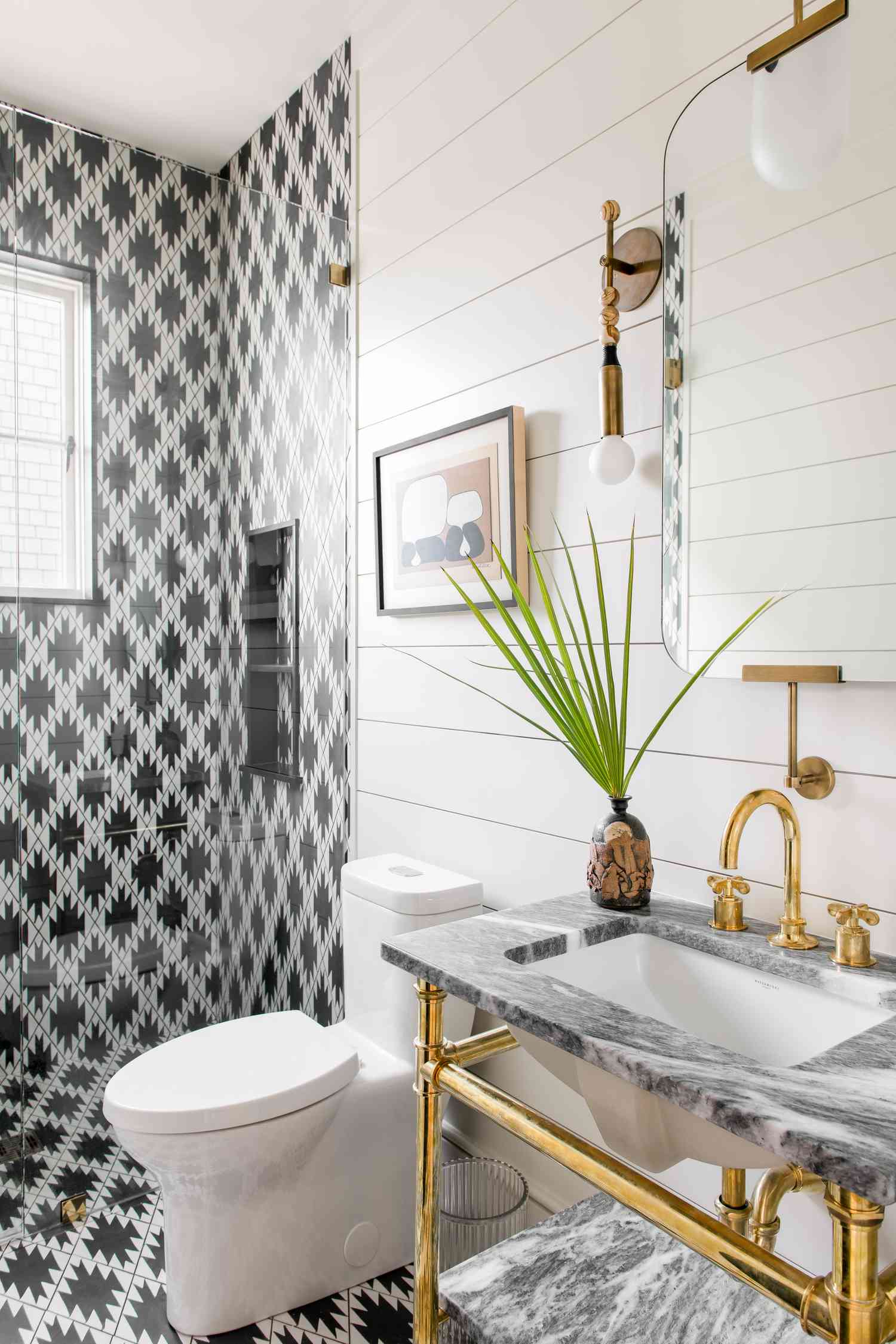 Black and white aztec bathroom tile