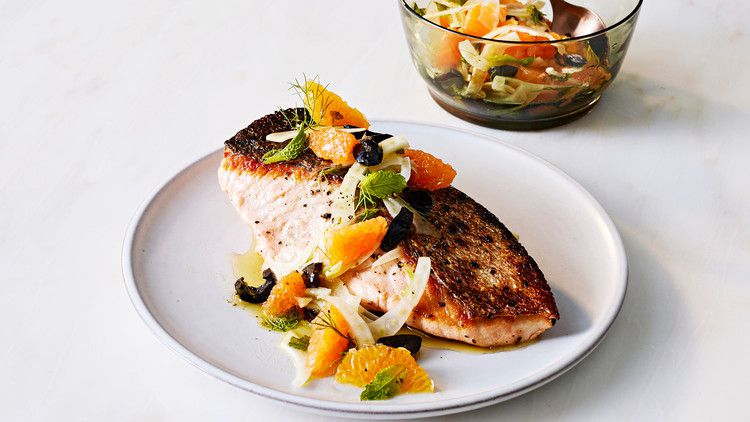orange-fennel-olive relish served with salmon