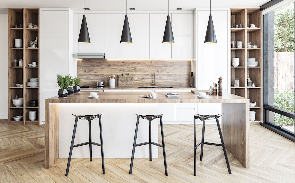 Modern white and hardwood kitchen with rectangular breakfast kitchen island