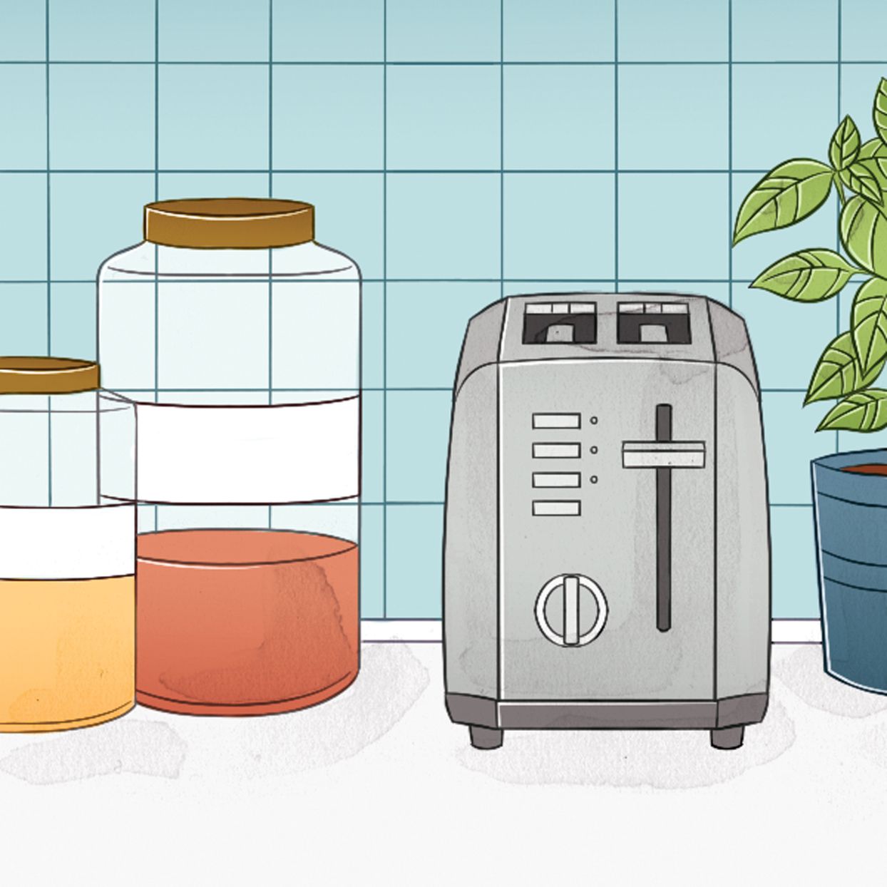 toaster and jars on counter illustration