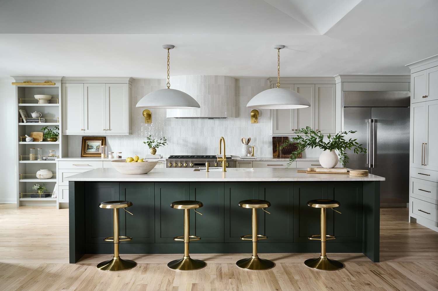 green and gold kitchen island