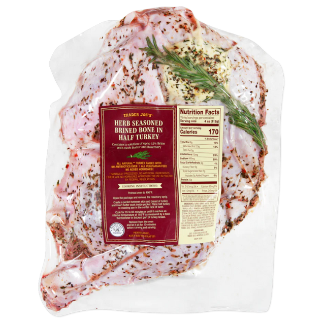 Packaged herb seasoned bonein half turkey with visible label and nutritional information