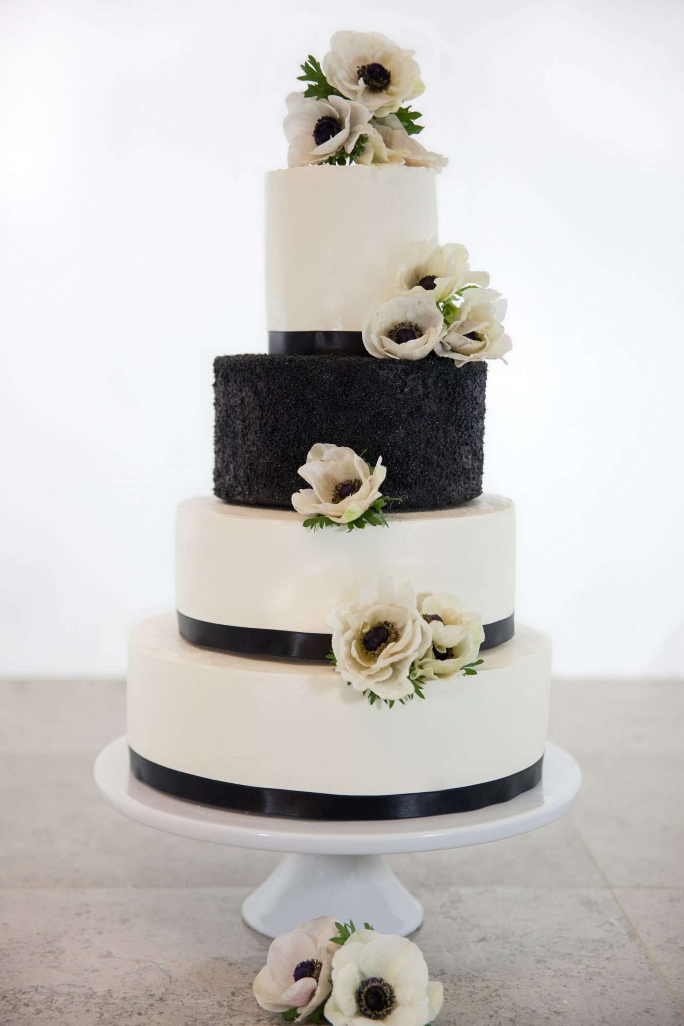 black and white four tiered wedding cake