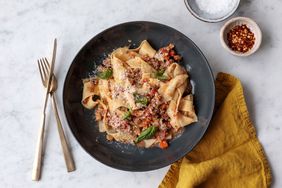 pasta bolognese on marble surface
