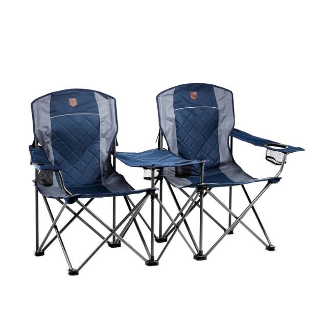 Two connected folding chairs with a shared central table