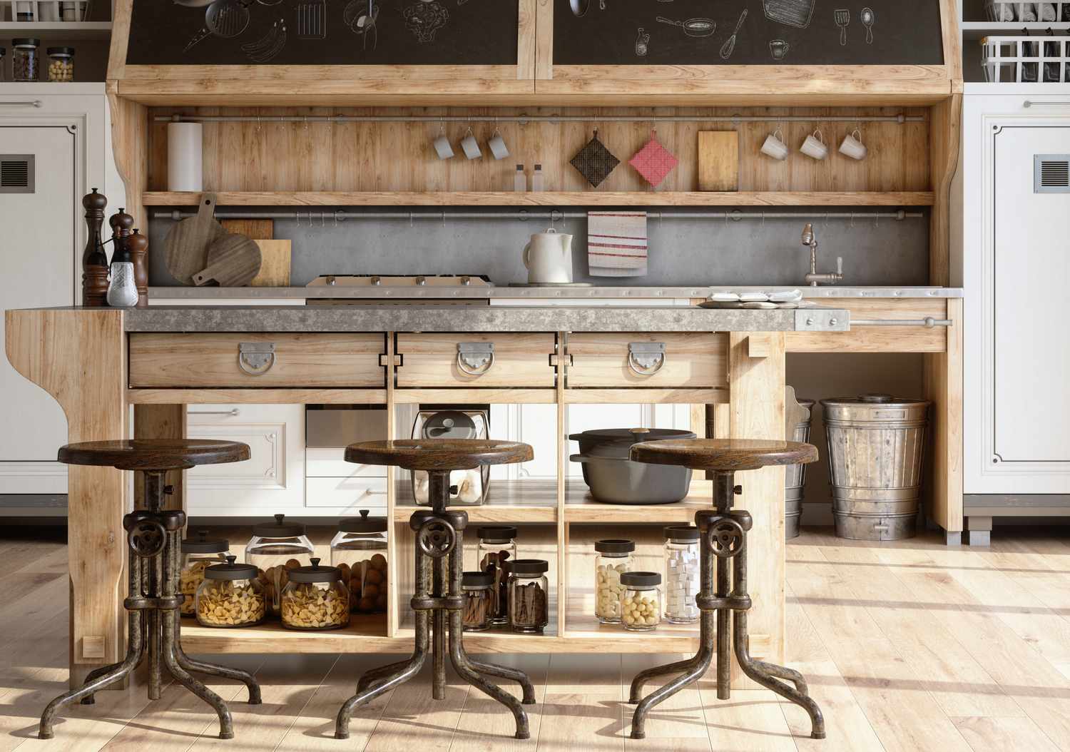 Rustic wooden kitchen with barstools and open shelving