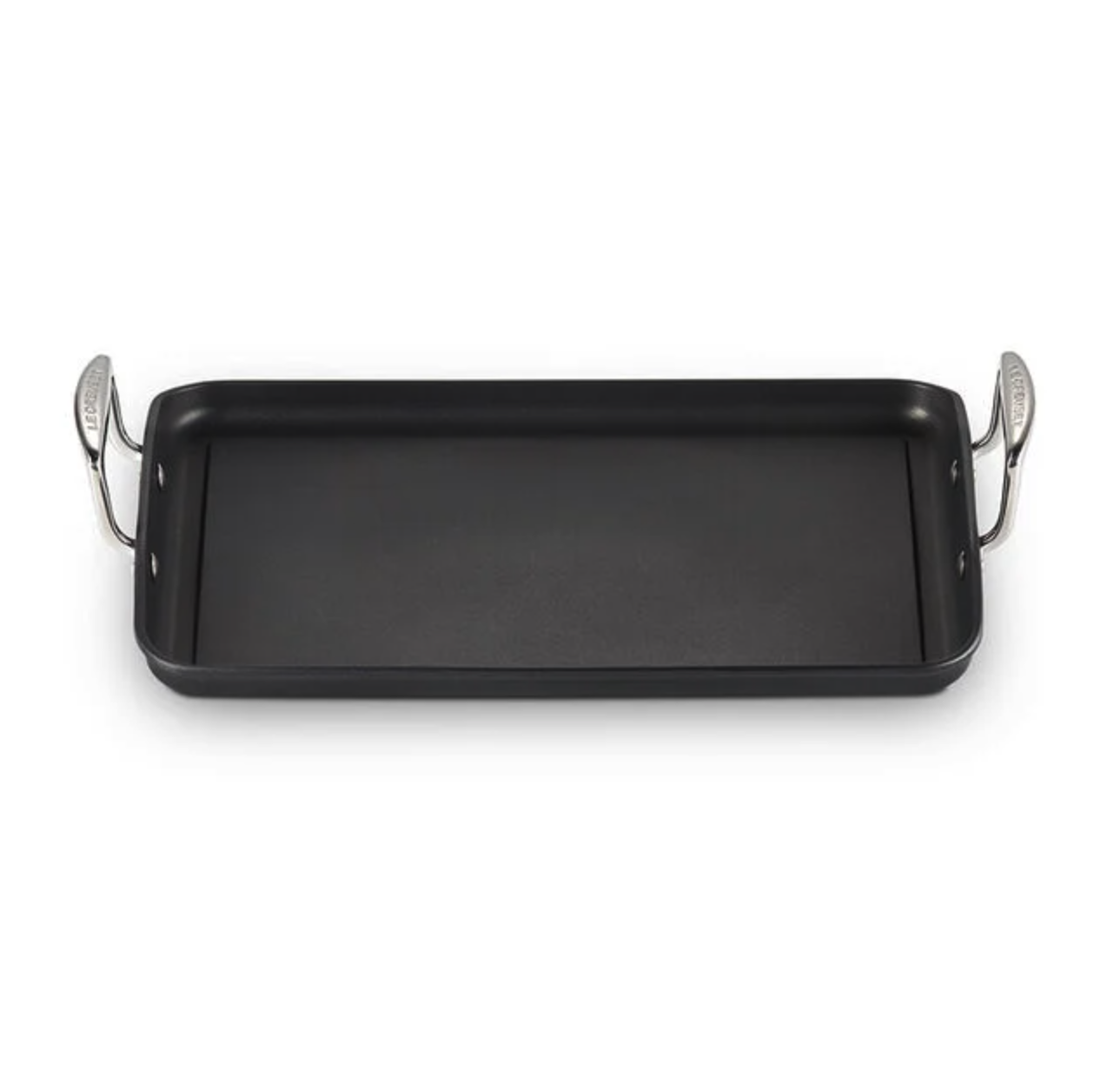A flat rectangular pan with dual side handles, likely for cooking purposes