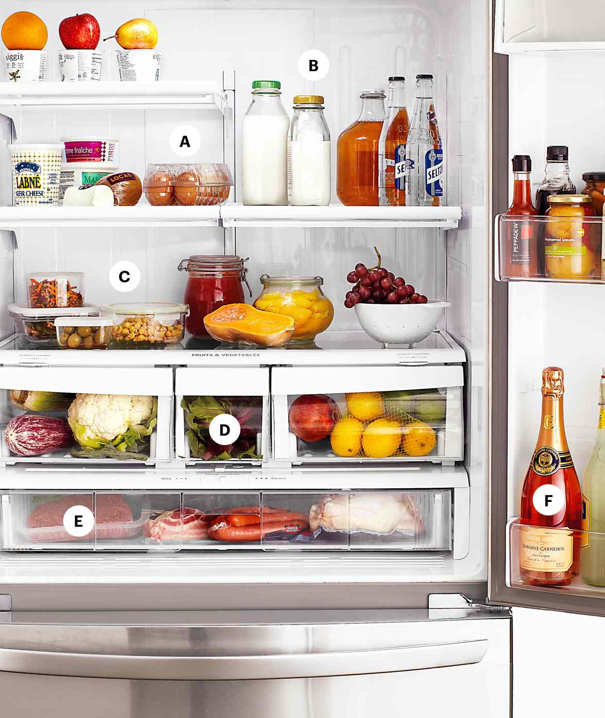 fridge filled with various foods and drinks in an organized manor