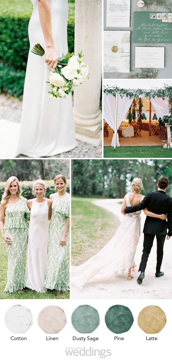 wedding color palette mood board cotton, linen, dusty sage, pine, latte