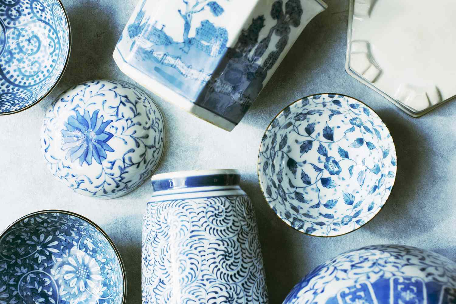 blue-and-white chinoiserie bowls and jars