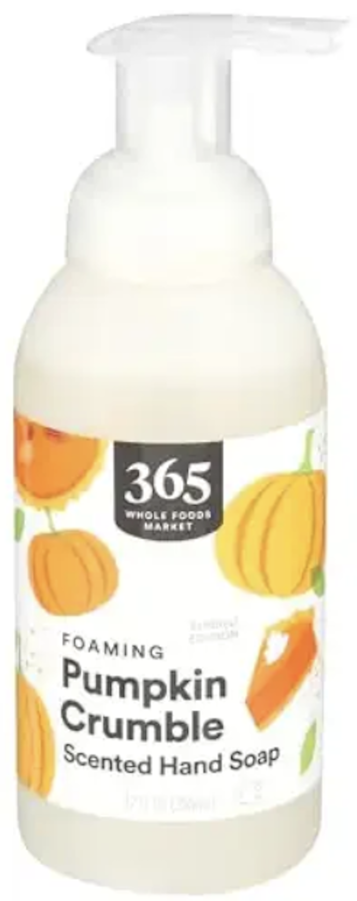Foaming hand soap labeled Pumpkin Crumble with pumpkin decoration on the bottle