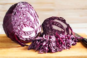 Red cabbage on cutting board