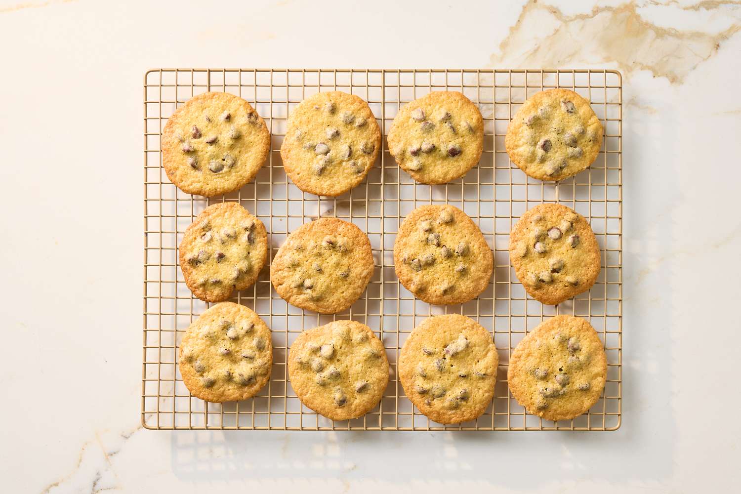 Chocolate chip cookies arranged on a cooling rack