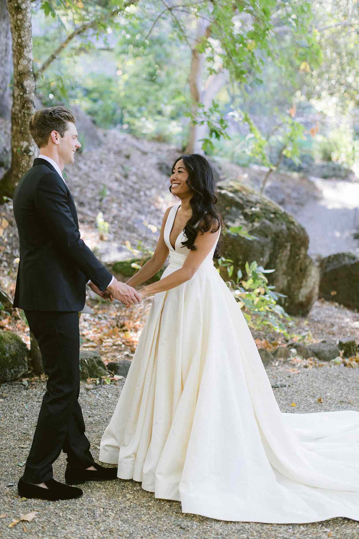 Bride and groom during first look