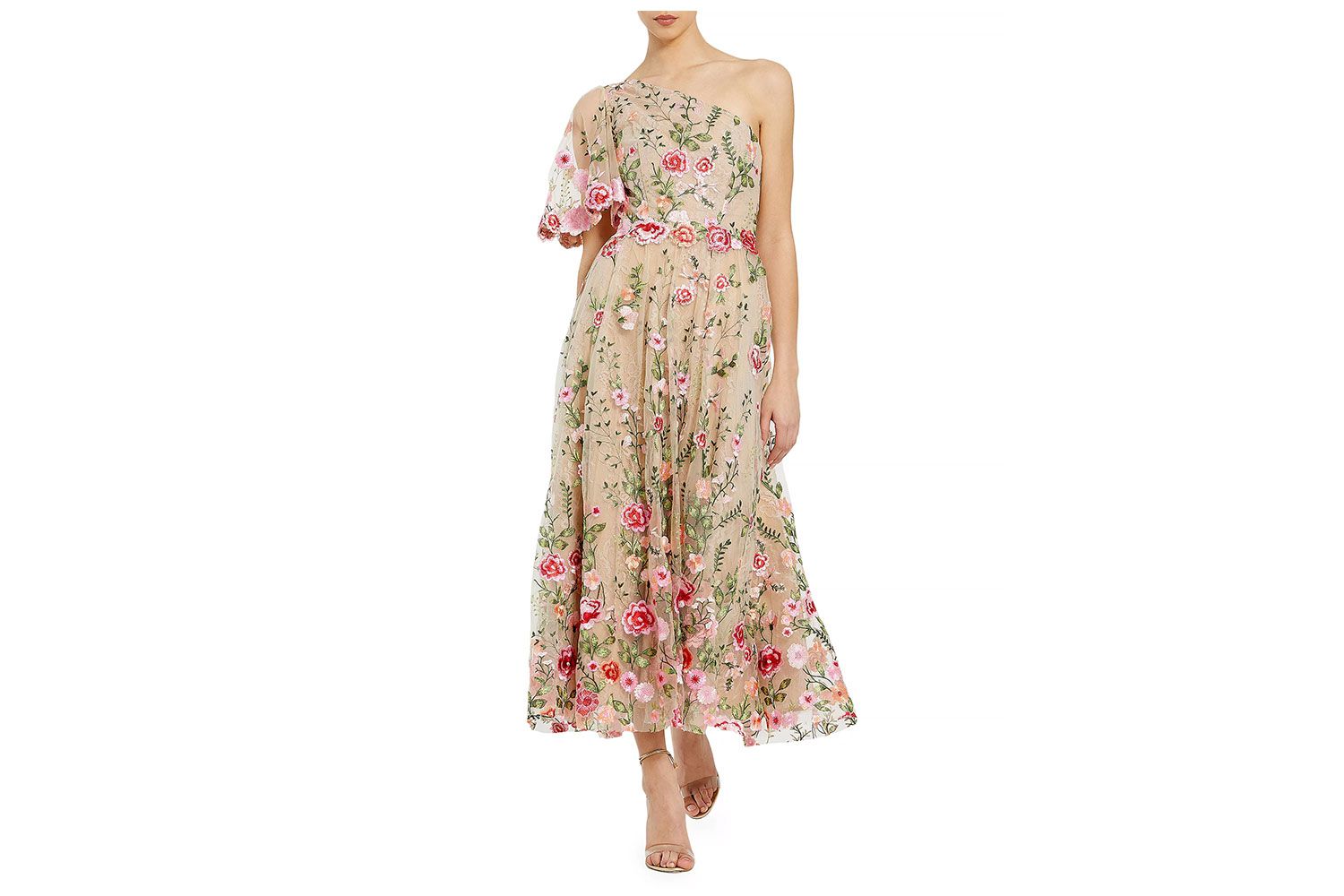 Mac Duggal Floral Embroidered One-Shoulder Midi-Dress
