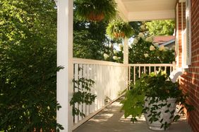 Front porch with white railing potted plants and hanging ferns