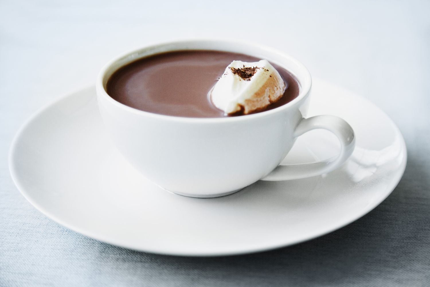 A cup containing hot cocoa topped with a marshmallow placed on a saucer