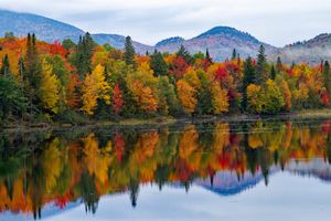 Autumn foliage reflected in a calm lake with mountains in the background