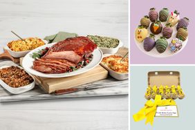Prepared ham dinner with sides on the left chocolatecovered strawberries on a plate at the top right and decorated Easter egg treats at the bottom right