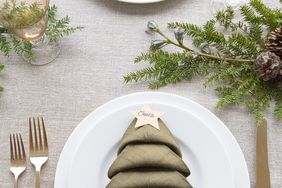 christmas tree napkin fold table setting with name tags
