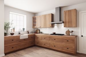 A modern kitchen with wood cabinets and a farmhouse sink