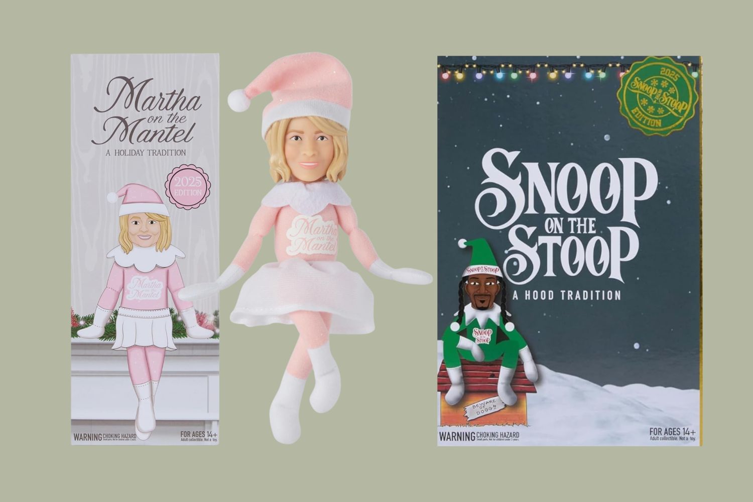 Doll and box design for Martha on the Mantel and Snoop on the Stoop with respective characters shown