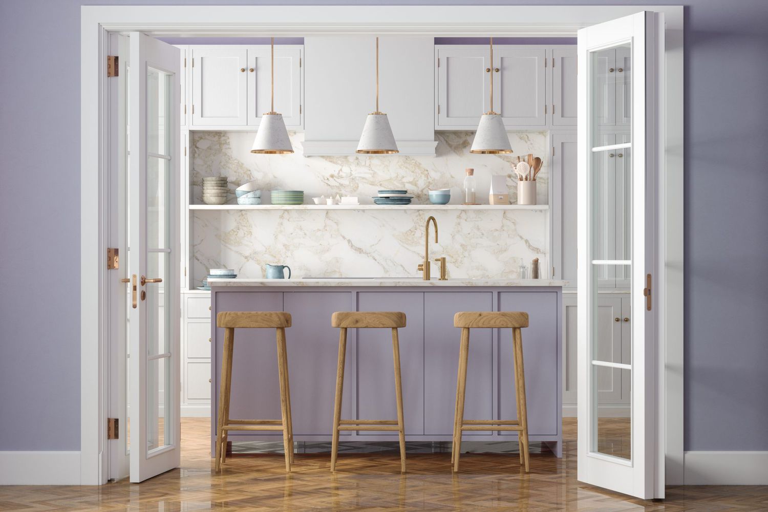 Pastel purple accent wall in kitchen