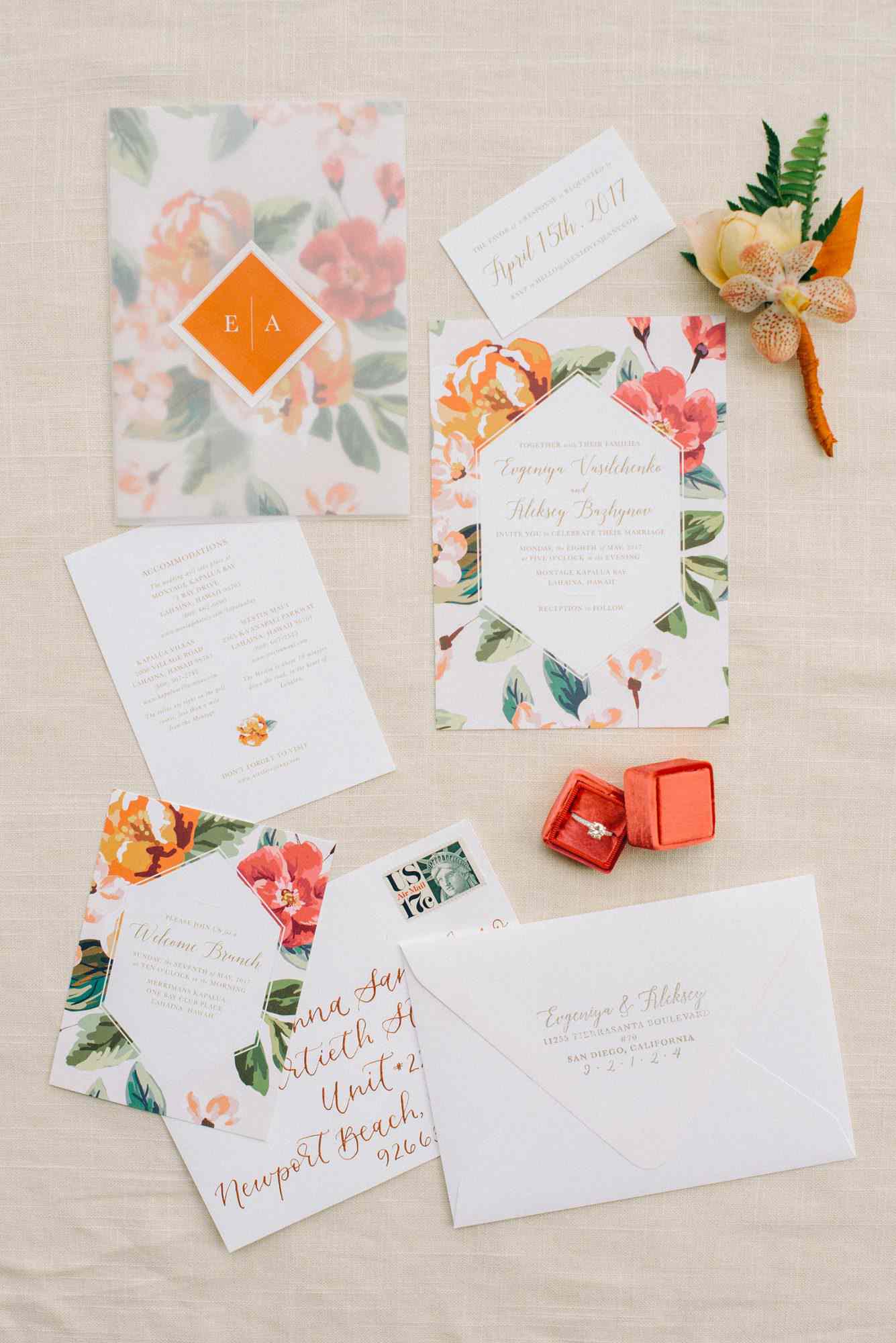 floral stationery with geometric design and vellum