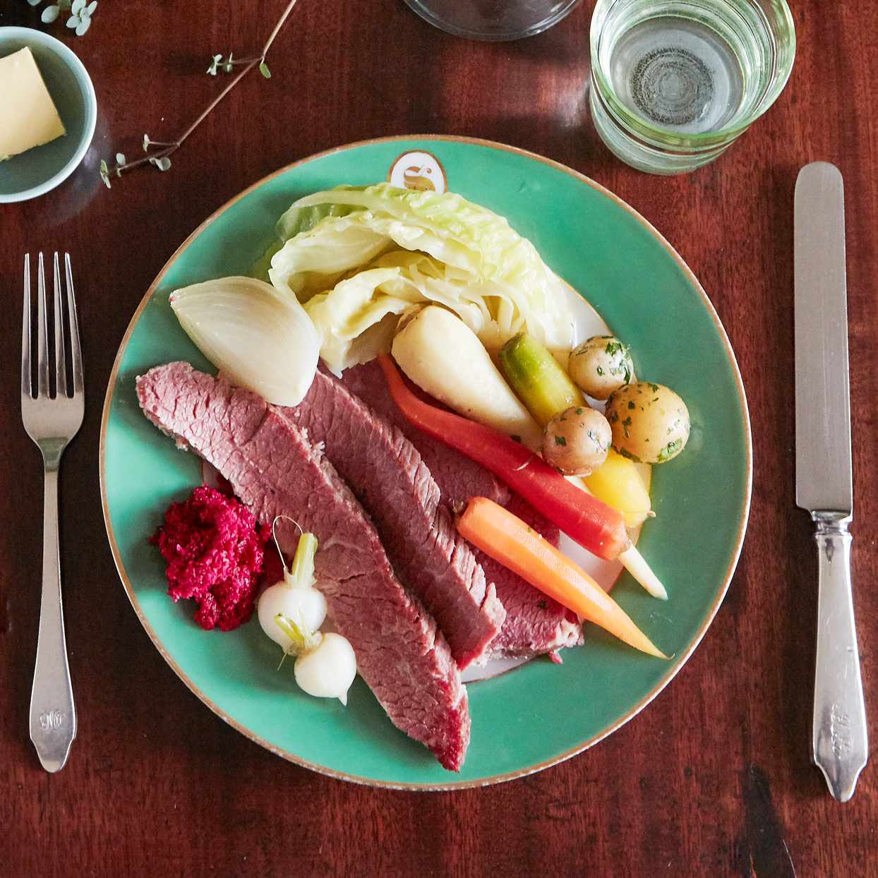 plate of quick-brined corned beef and vegetables